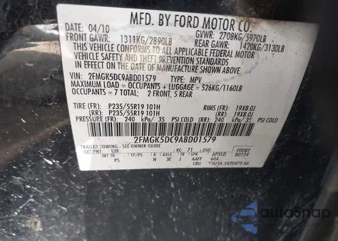 2010 Ford Flex Limited from USA, damaged, VIN 2FMGK5DC9ABD01579
